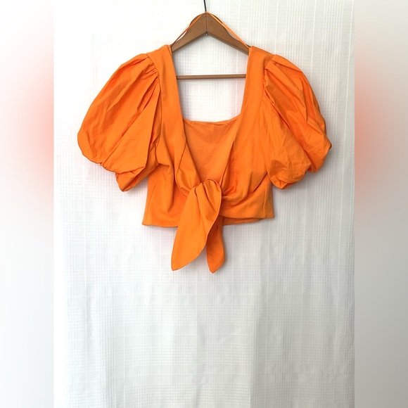 Anthropologie Orange Puff Sleeve Crop Top with tie back - Picture 2 of 5
